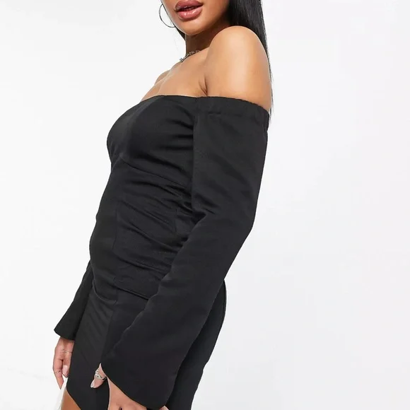 fancy off the shoulder dresses The Quinn Long Off Shoulder A-line Satin Dress 12 / Black